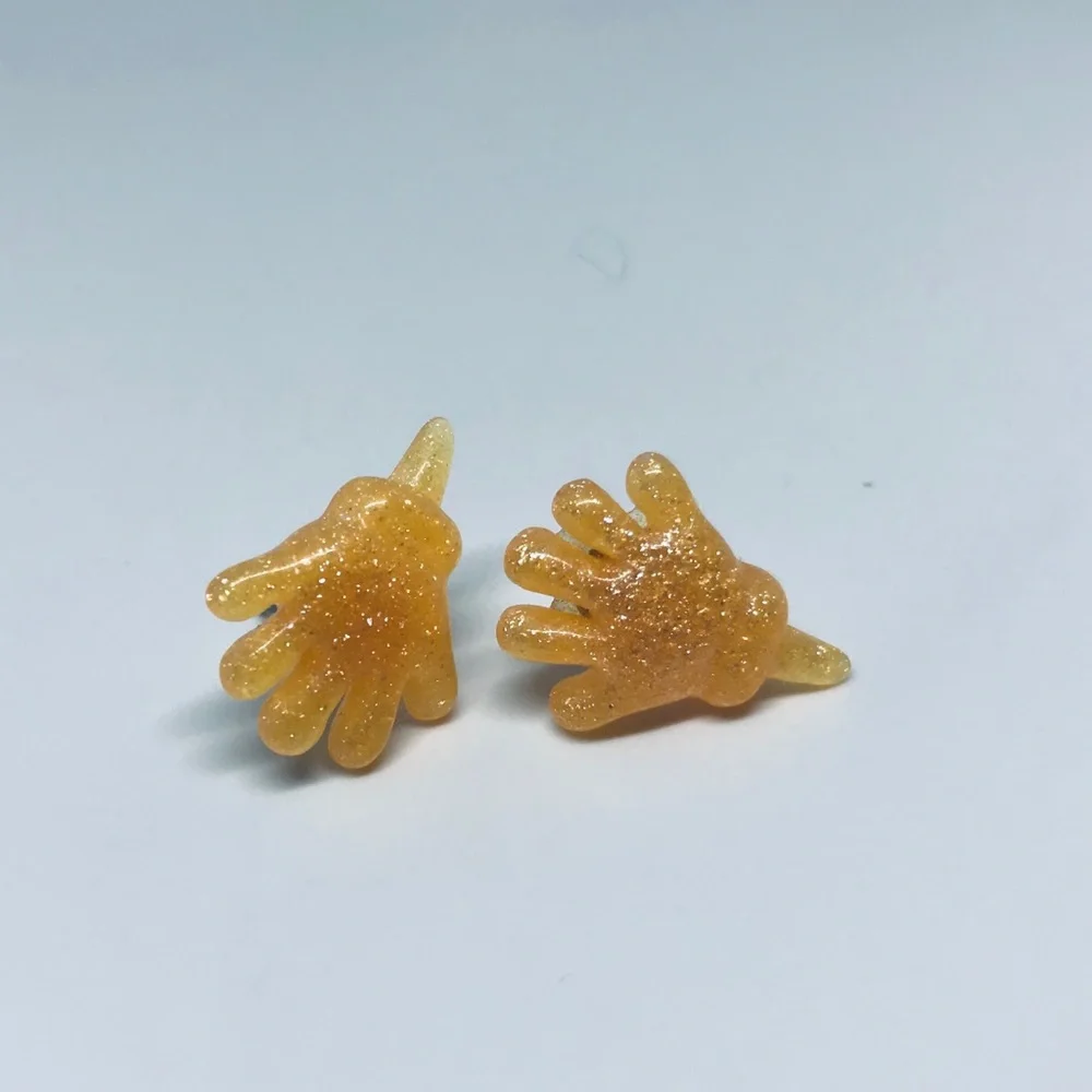 Orange Glitter Sticky Hand Resin Kawaii Hand Crafted Stud Earrings